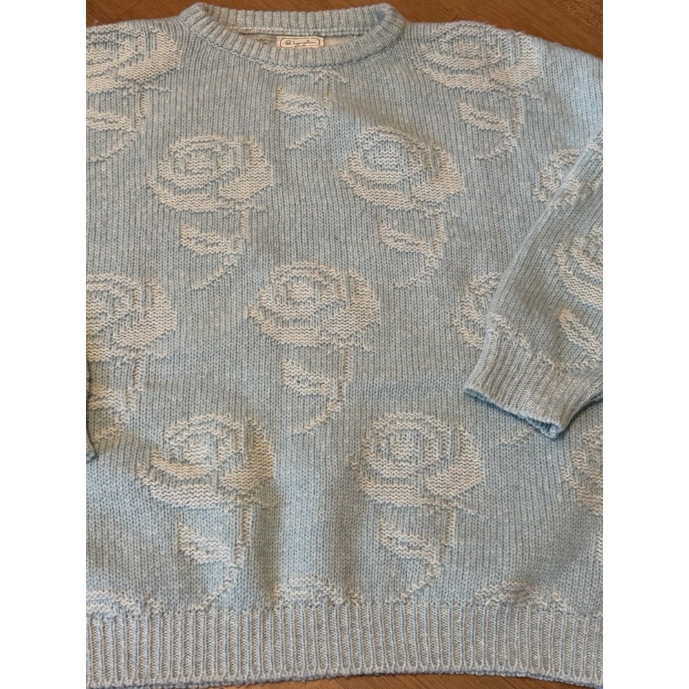 Vintage Benetton Sweater Womens M Shetland Wool Floral Blue Roses Boho EUC VTG - Picture 2 of 7